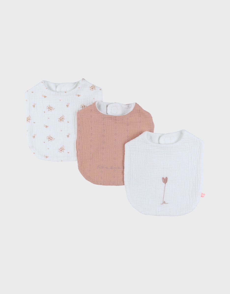 Lot de 3 bavoirs, mousseline de coton bio et éponge fleurs d’antan
