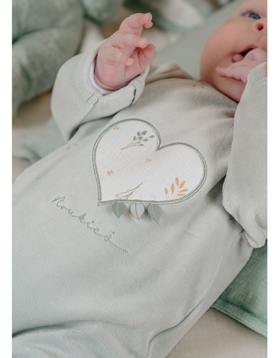 Pyjama bébé, velours brodé cœur vert