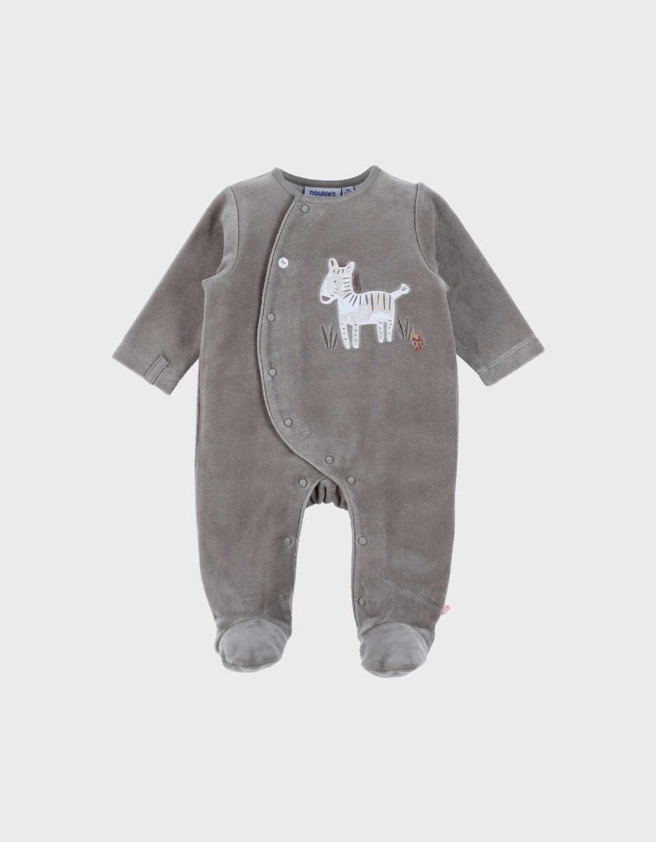 Pyjama bébé en velours kaki avec broderie zèbre