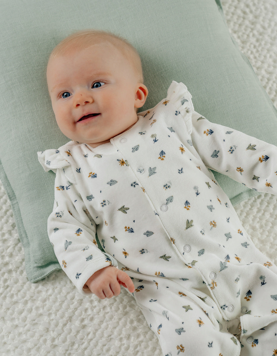 Pyjama bébé en velours blanc imprimé oiseau