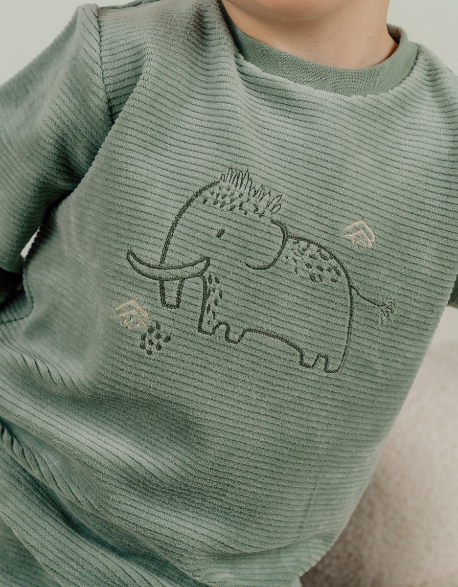 Pyjama 2 pièces en velours vert avec broderie mammouth