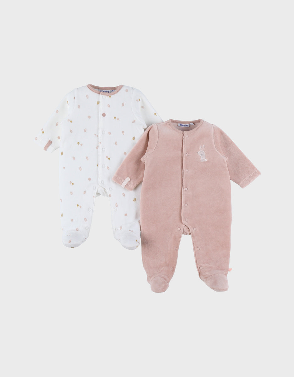 Lot de 2 pyjamas en velours bébé rose et blanc brodé