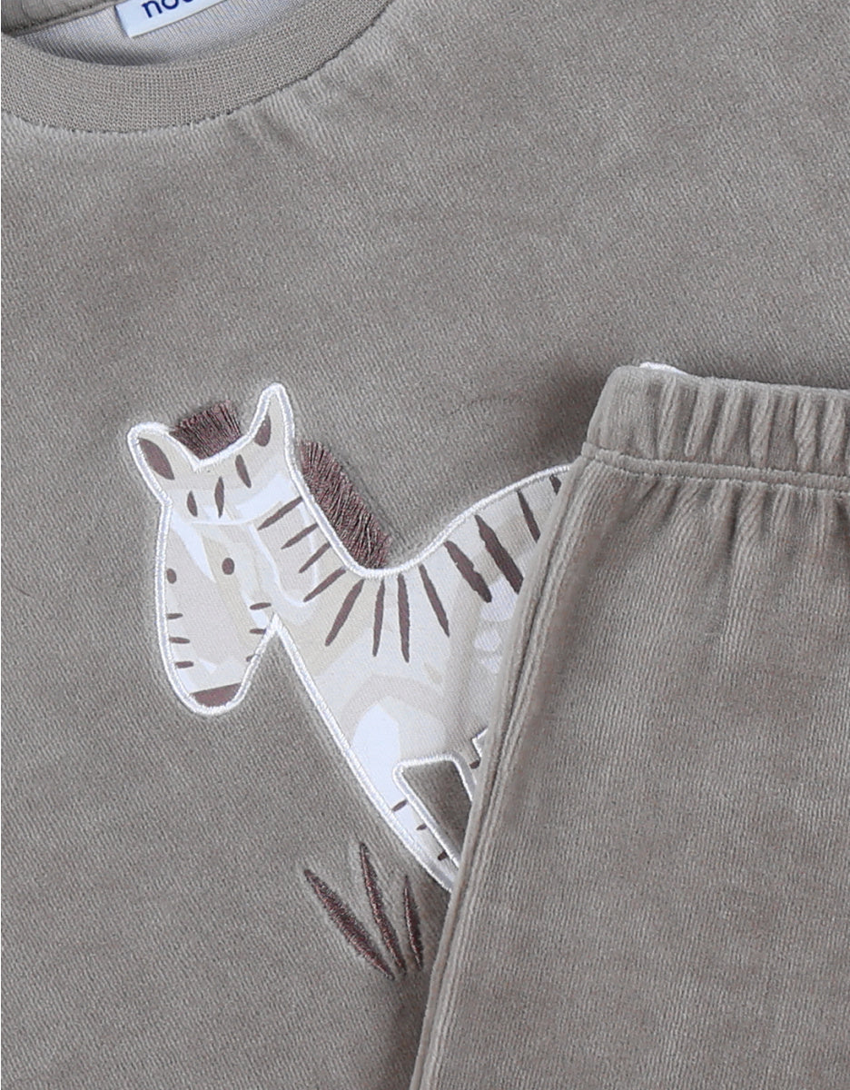 Pyjama 2 pièces en velours kaki avec broderie zèbre