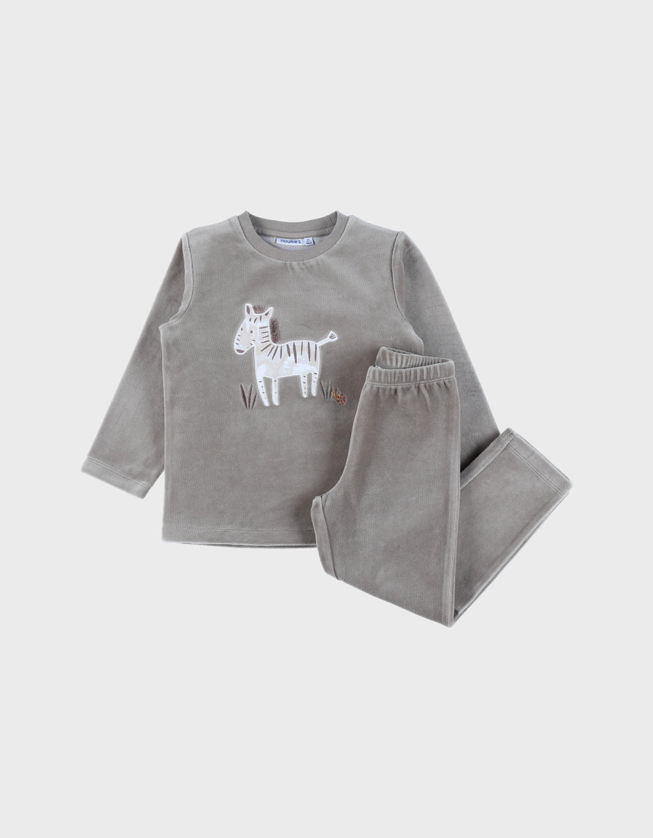 Pyjama 2 pièces en velours kaki avec broderie zèbre