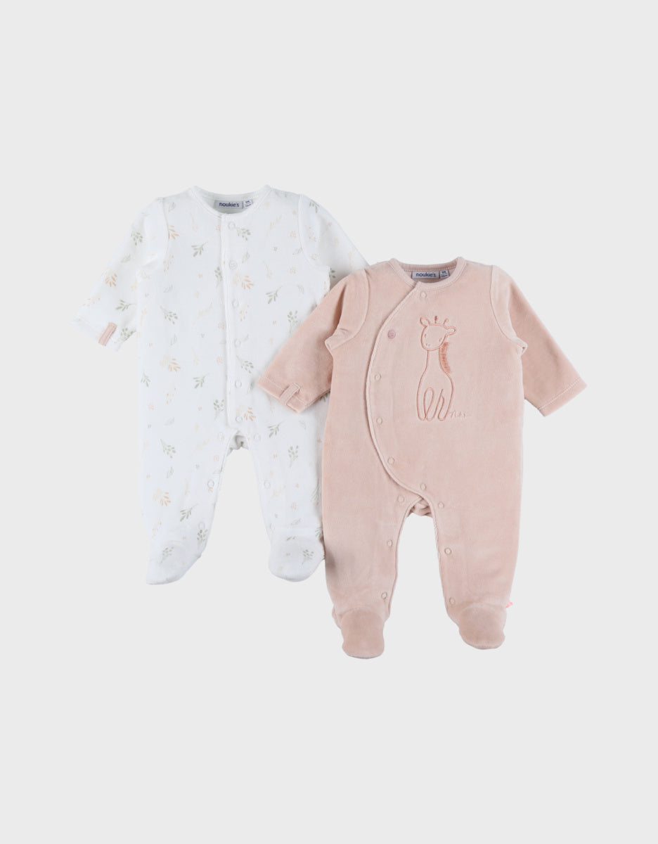 Lot de 2 pyjamas bébé, velours girafe et fleurs