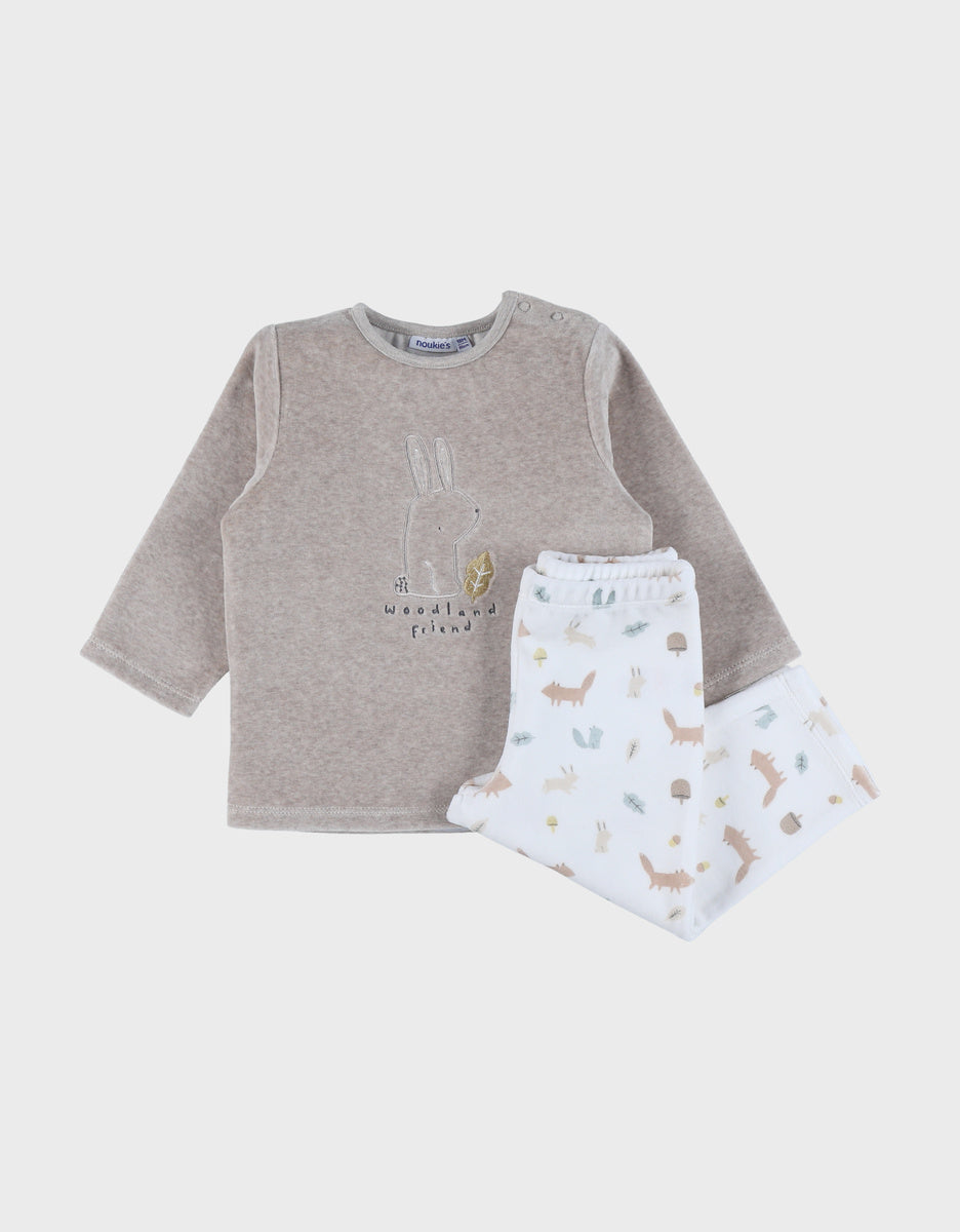 Pyjama 2 pièces en velours beige avec broderie lapin