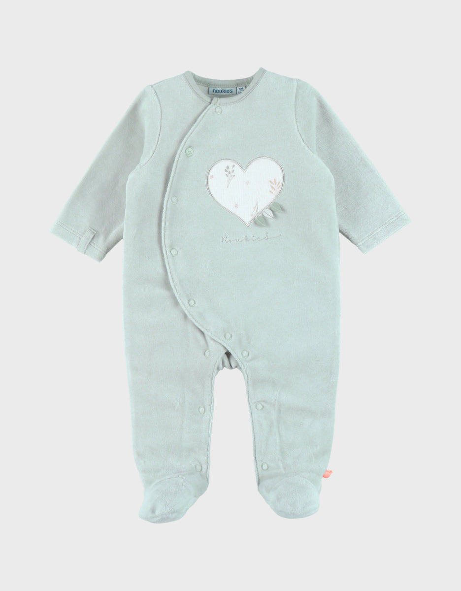 Pyjama bébé, velours brodé cœur vert