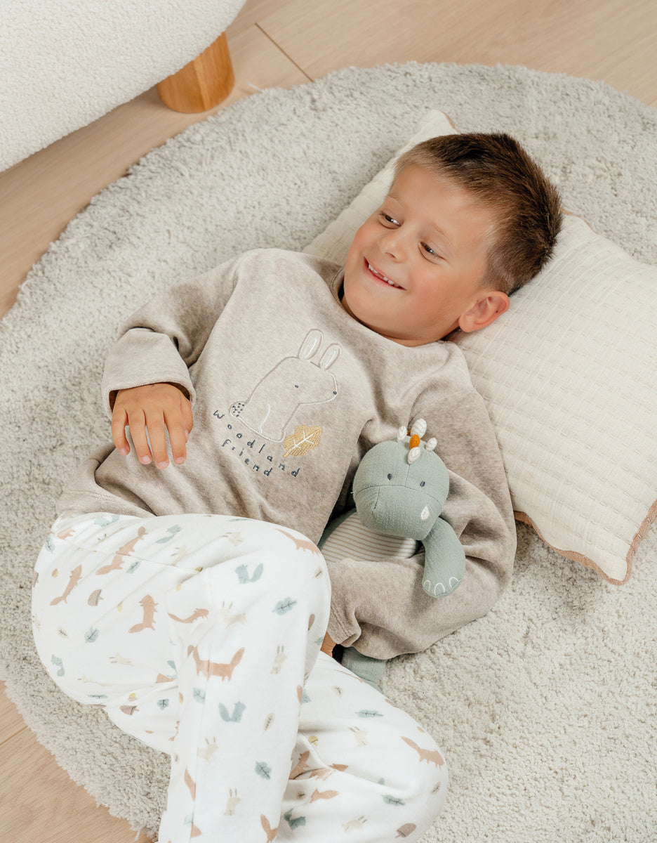 Pyjama 2 pièces en velours beige avec broderie lapin