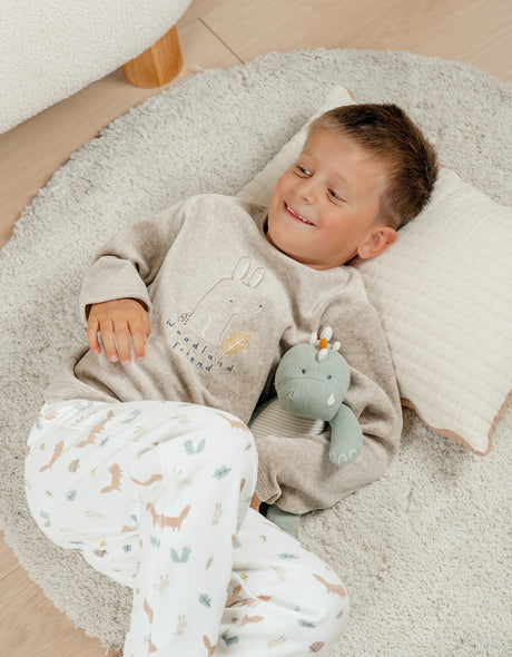 Pyjama 2 pièces en velours beige avec broderie lapin